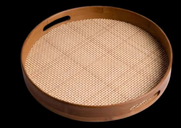 Bandeja Redonda de Bambu 35cm com Alça Palha Xadrez Oikos – Elegância e Praticidade para Servir