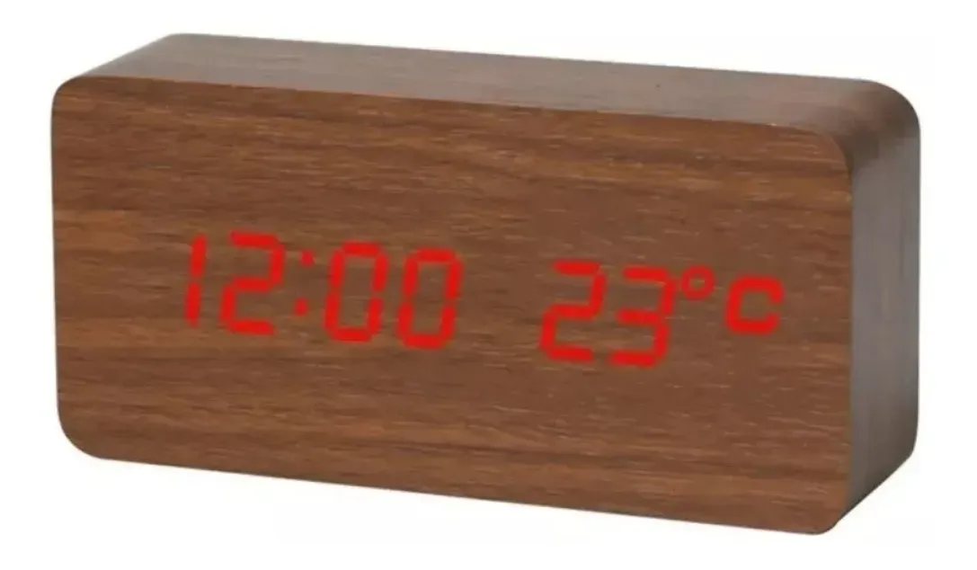 Relógio Digital de Mesa LED Wooden Clock Madeira Marrom Despertador