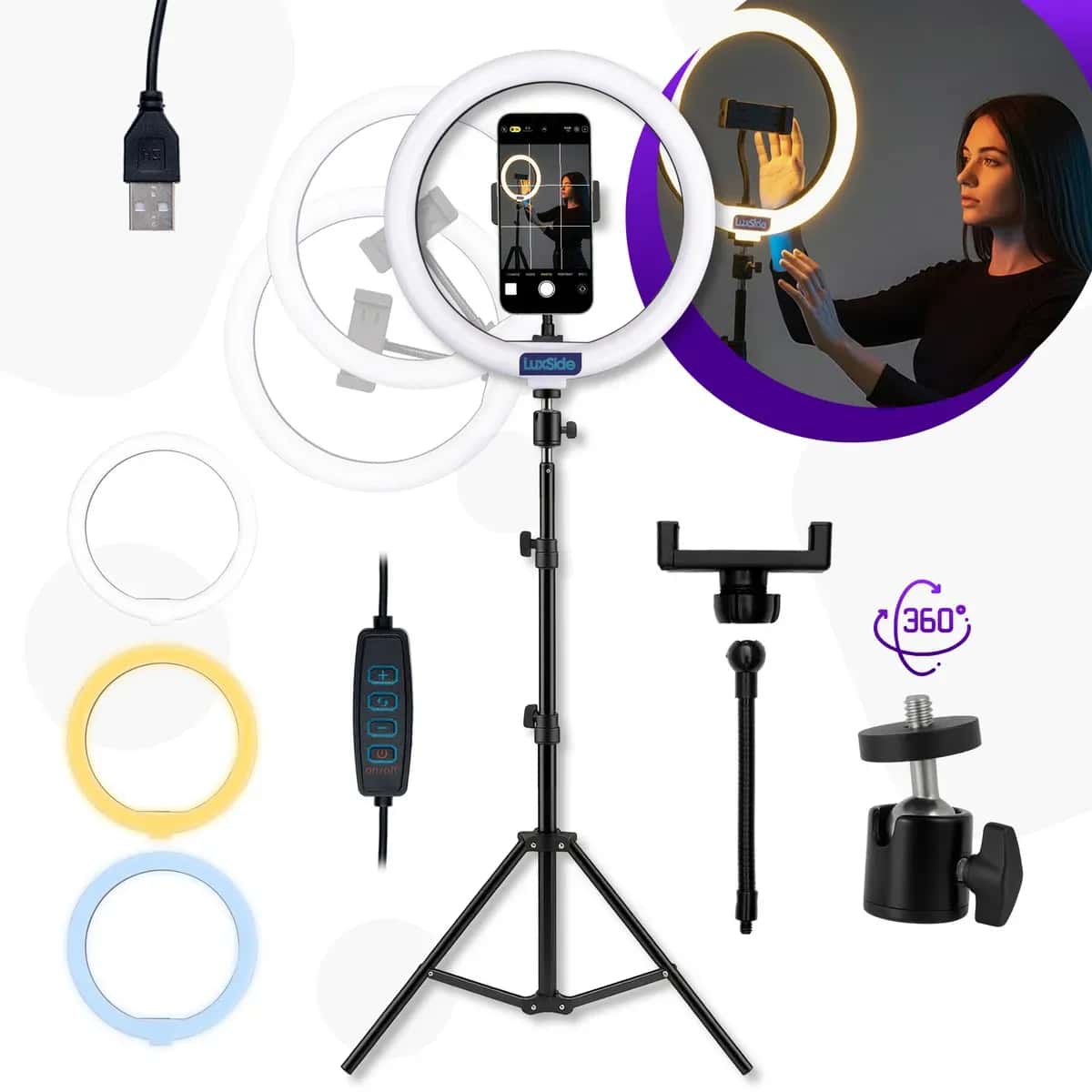 Ring Light 10 Polegadas com Tripé 210m Profissional Video Maker Suporte Celular e LED 3 Cores Iluminação Maquiagem e Gravações Luxside