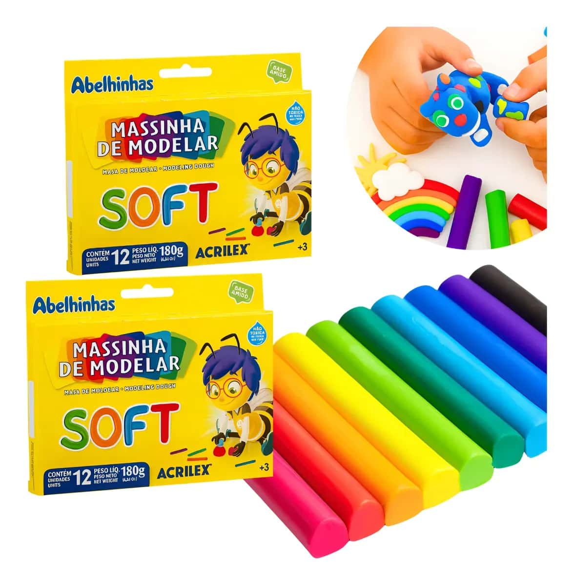 Kit 24 Massinhas de Modelar Escolar Infantil Atóxico com 12 Cores