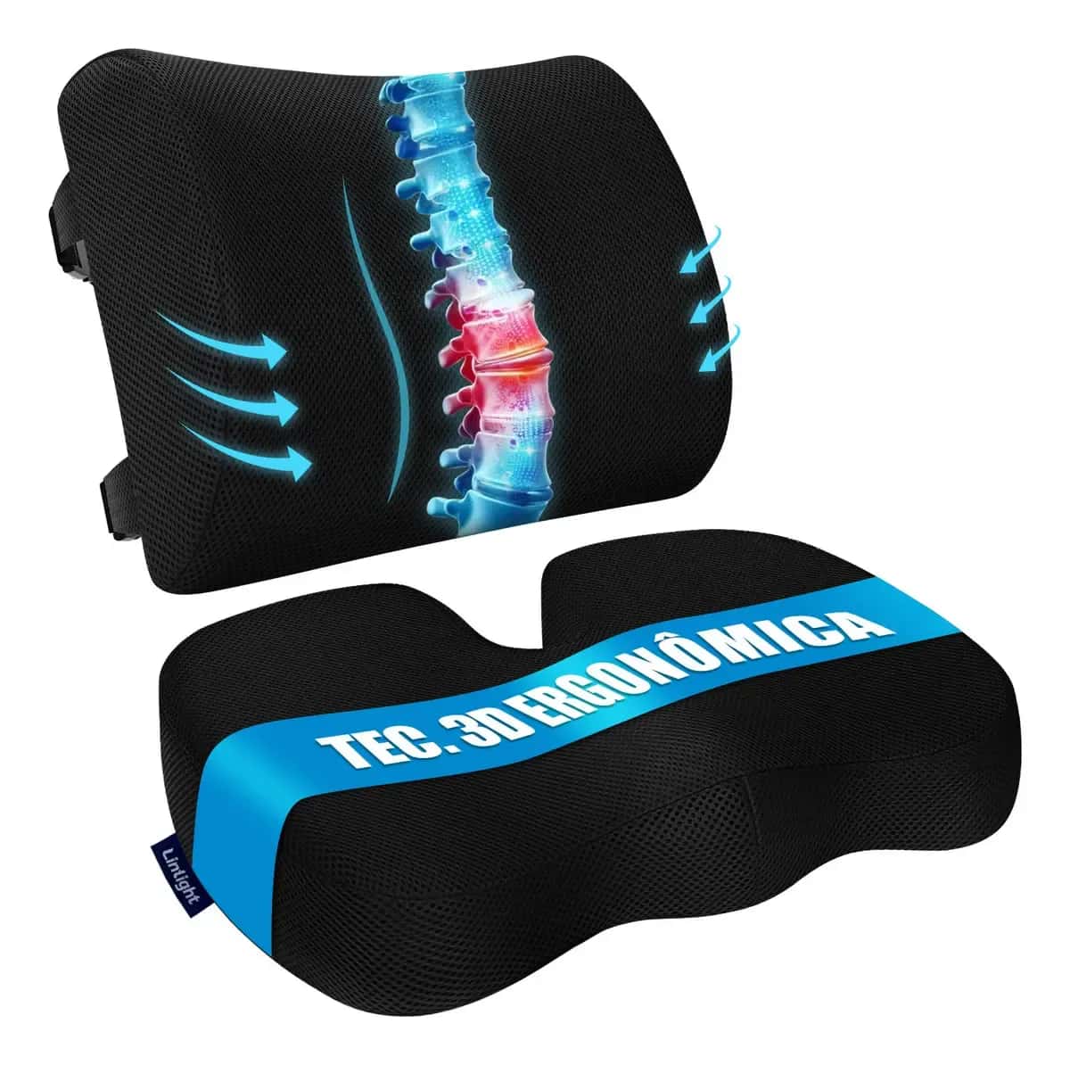 2em1 Almofadas Lombar e Assento Ortopédica Coccix Alívio Dor para Cadeira de Rodas, Carro e Escritório