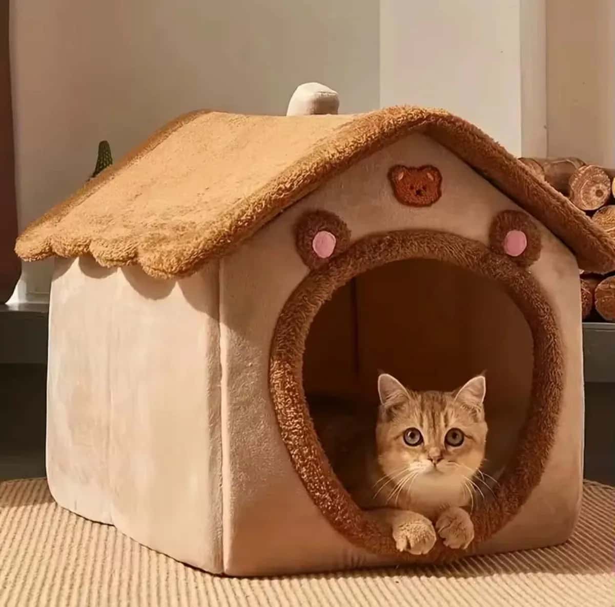 Cama Casinha para Animais de Estimação Gatos e Cães Pequenos até 3kg Bege Casa Pet
