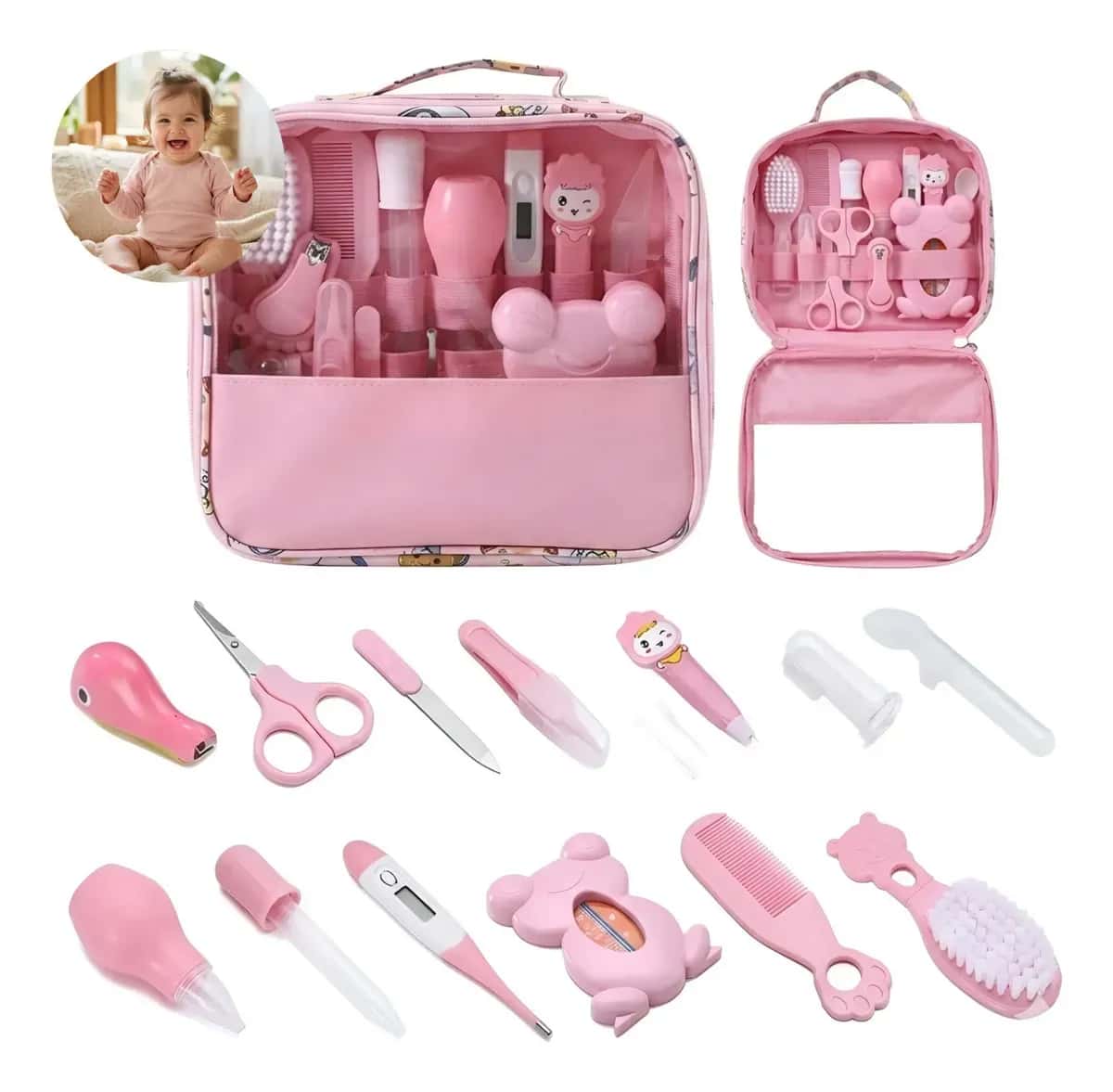 Kit Higiene Bebê Completo Rosa Bolsa Maternidade Termômetro Digital Escova Pente Cortador Unha Aspirador Nasal Cuidados Recém Nascido Enxoval Acessórios Higiene Infantil Segurança Louis Riel Acústico
