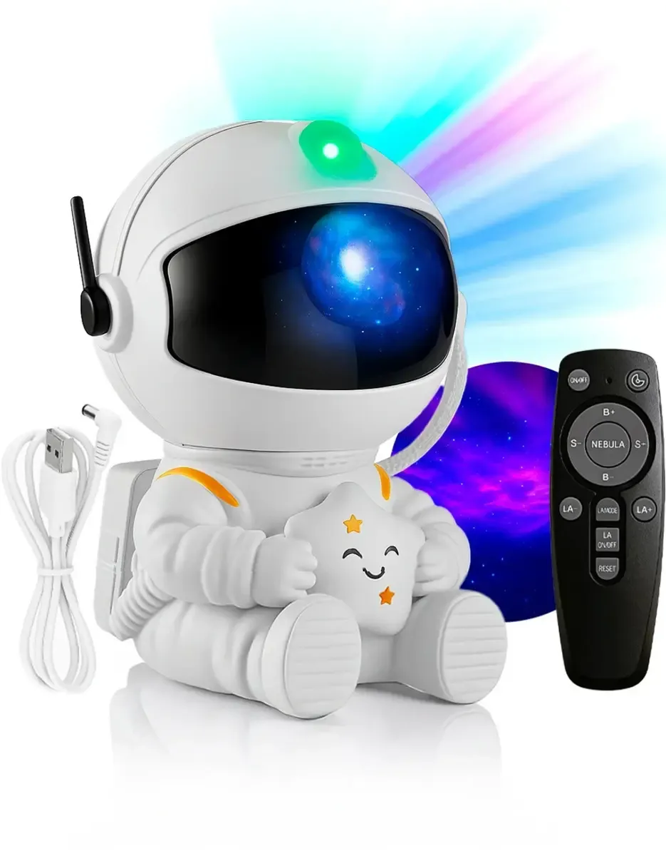 Luminária Astronauta Projetor LED Infantil Galáxia Estrela Branco Robô Luz Colorida Céu Teto Abajur de Mesa Cúpula Decorativa para Quarto RGB Noturna Bivolt Portátil Lua Art Light