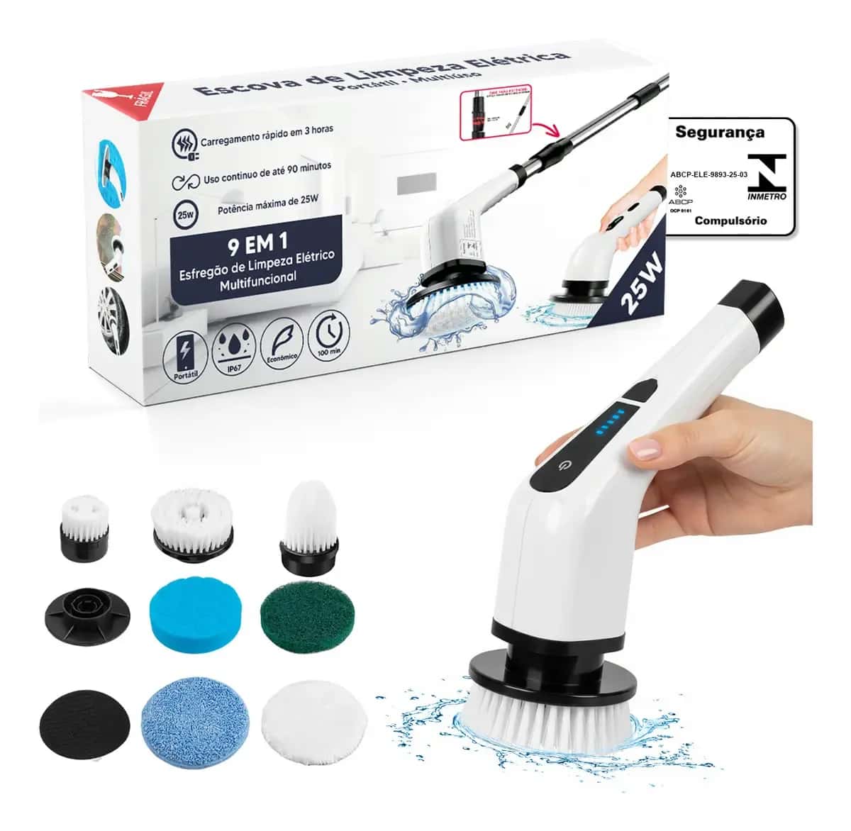 Esfrego Mop Elétrico 9 em 1 Giratório para Limpeza Doméstica Recarregável Portátil IP67 Branco 25W