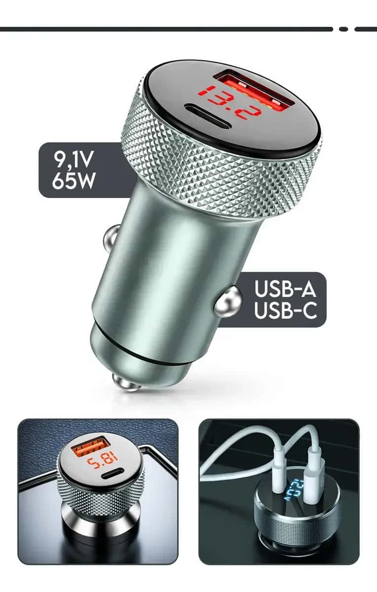 Carregador Veicular Turbo 65W Davely USB e USB-C com Display LED Carregamento Rápido para iPhone Samsung Android Carregador Automotivo Duplo Portátil