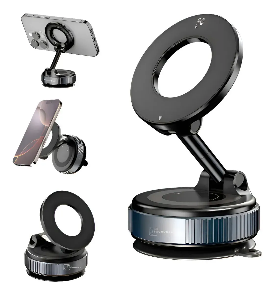 Suporte Veicular para Celular Magnético iPhone Android Tablet Universal Dobrável Carro e Mesa Rotação 360 Preto Premium IMS Fixação Super Forte com Ventosa de Fixação Ice Coorel