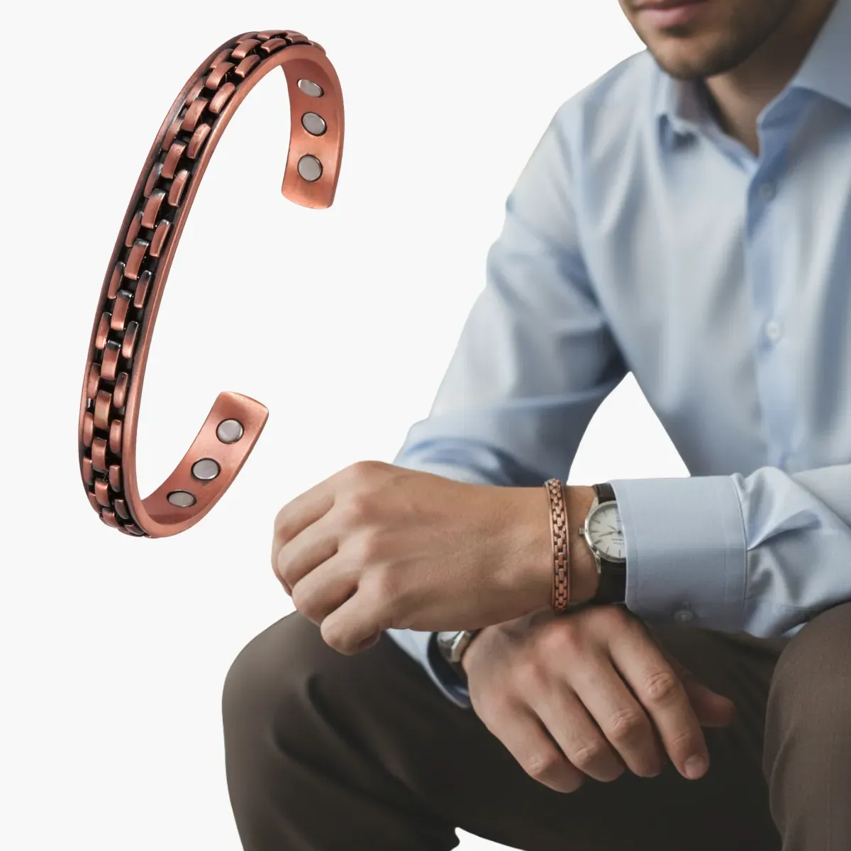 Pulseira Cobre Puro Magnética 6 IMS Neodímio 2500 Gauss Estilo e Bem-Estar Unissex Ajustável Fehu