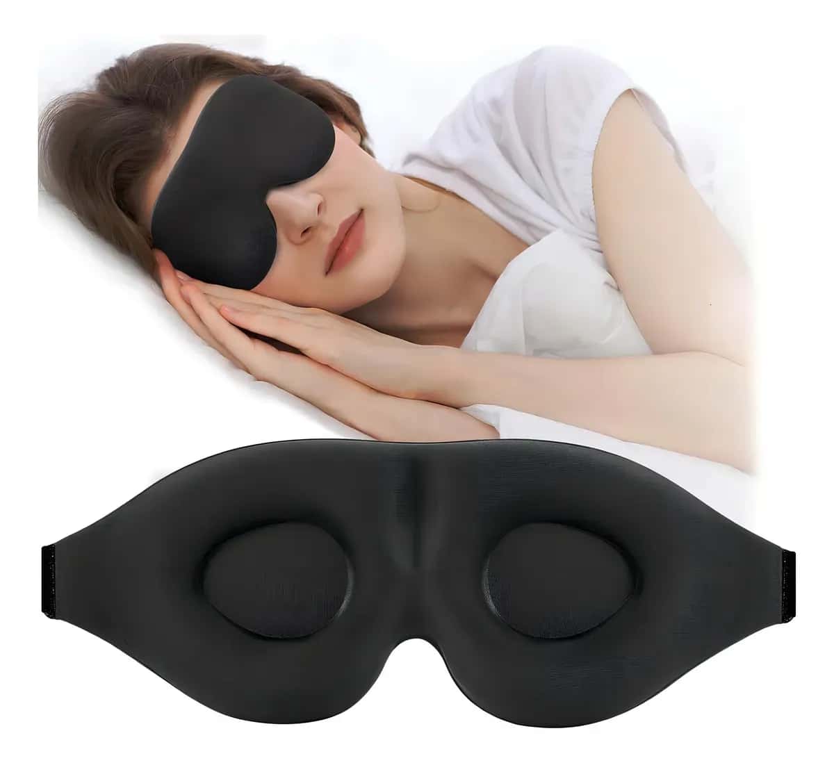 Máscara de Dormir 3D Ajustável com Espuma de Memória e Seda Gelada na Cor Preta