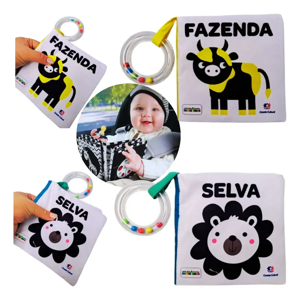 Kit 2 Livros de Pano com Chocalho Sensorial para Bebê - Contraste