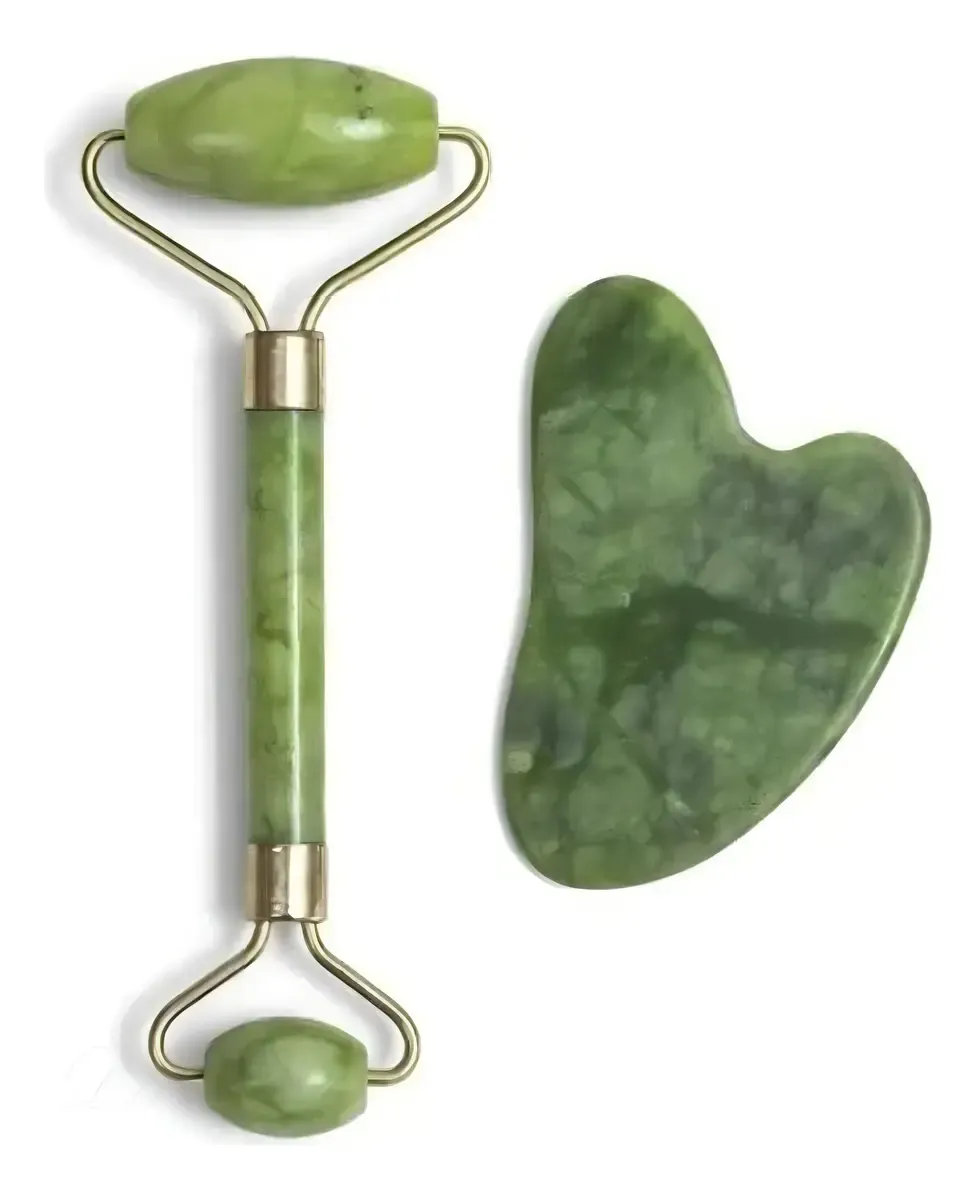 Rolo Pedra de Jade com Placa Guasha Facial Cor Verde