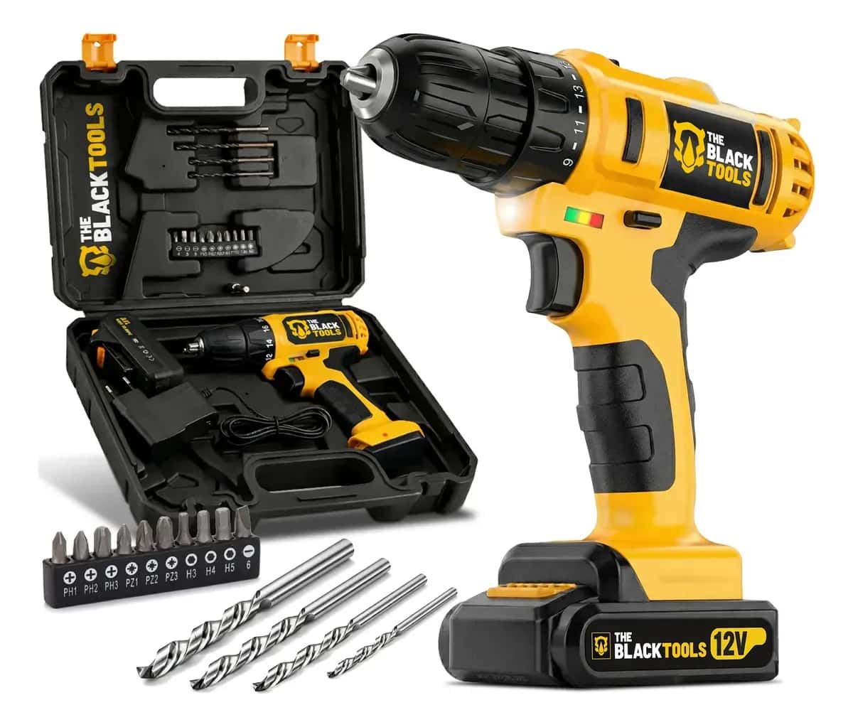 Furadeira Parafusadeira Sem Fio a Bateria TB 12E 12V 3/8" 10mm com Maleta e Acessórios The Black Tools