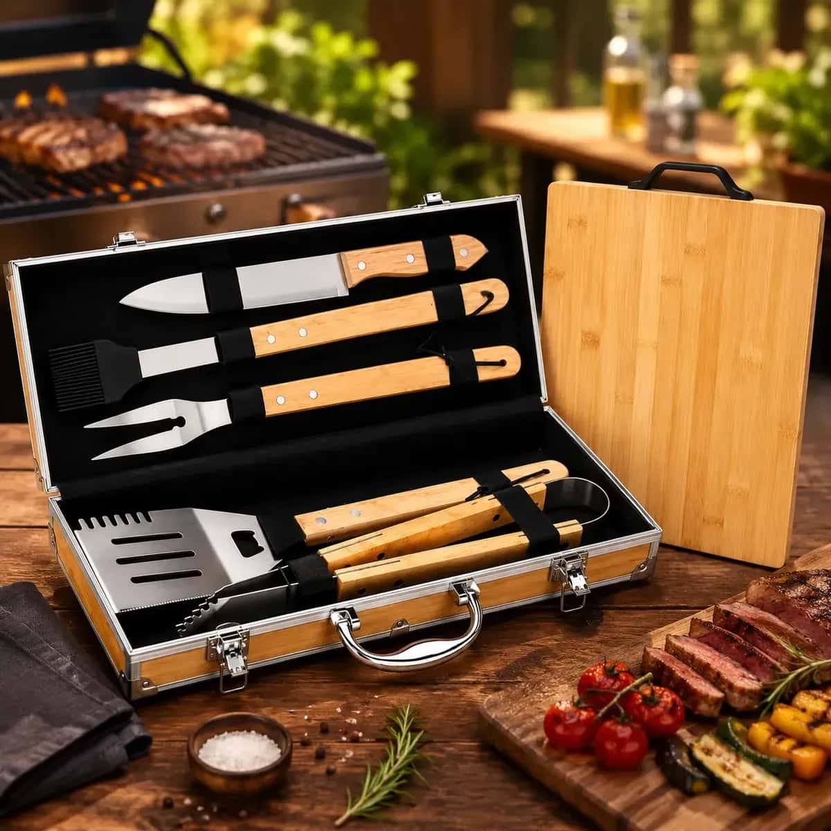 Kit Gourmet para Churrasco Maleta Premium com Tábua de Bambu - Completo e Prático para Churrasqueiros