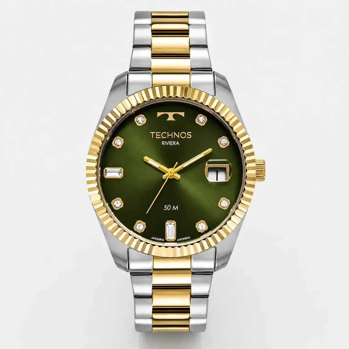 Relógio Technos Masculino Riviera Social Analógico Aço Misto Dourado Fundo Verde
