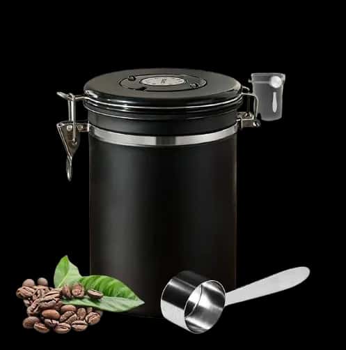 Pote Hermético para Café em Grãos 1,8L com Válvula e Colher – Aço Inoxidável Preto